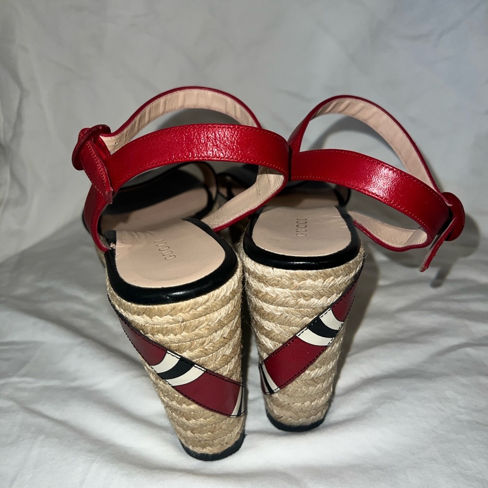 Gucci Black Leather and Red Snake-Accent Wedge Espadrilles - Picture 4 of 8